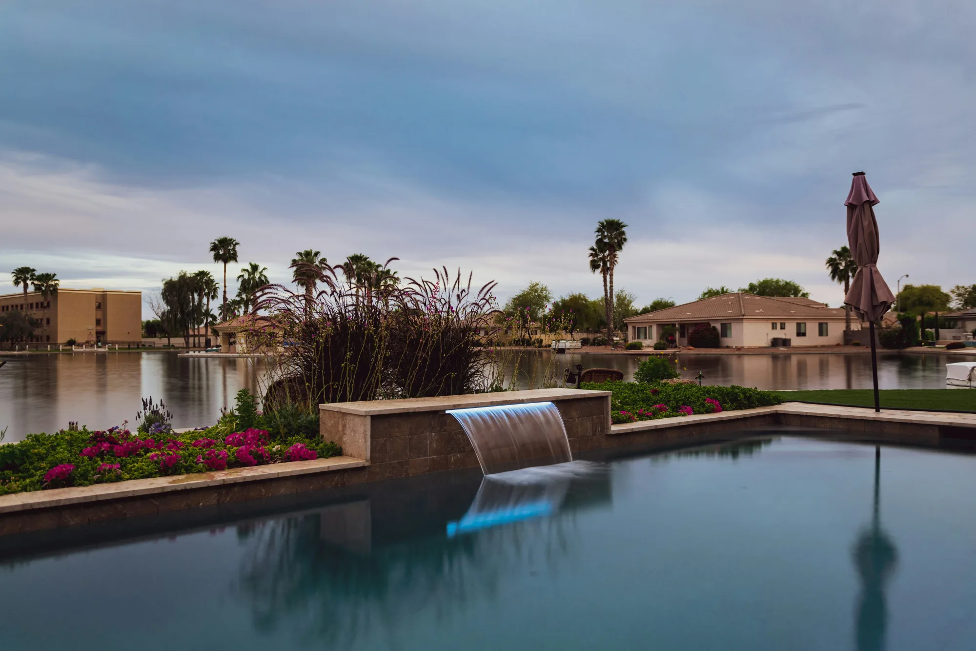Pool overlooking lake and mountains